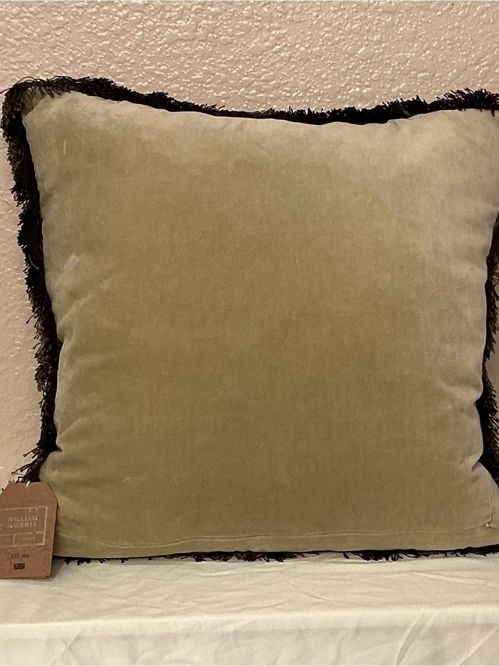 William Morris Bird & Floral Jacquard Pillow in Rust & Cream with Green Fringe